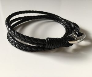 black leather plaited bracelet with steel clasp