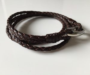 brown plaited leather bracelet with steel clasp